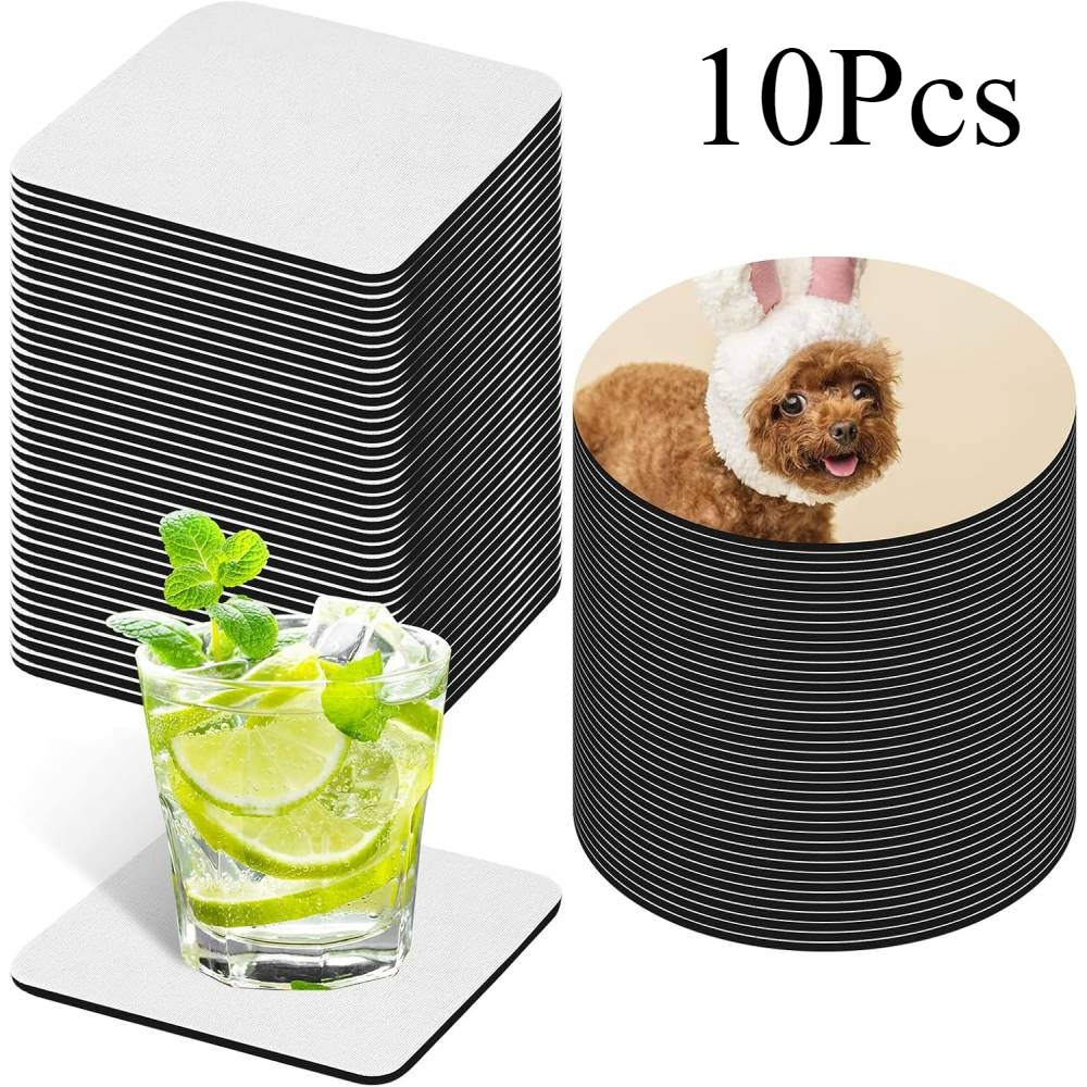 Coaster Sublimation Blank - 10個の昇華コースターブランクバルクセット – 熱プレス転写印刷、DIYクラフト用の正方形と丸いゴム製カップマット