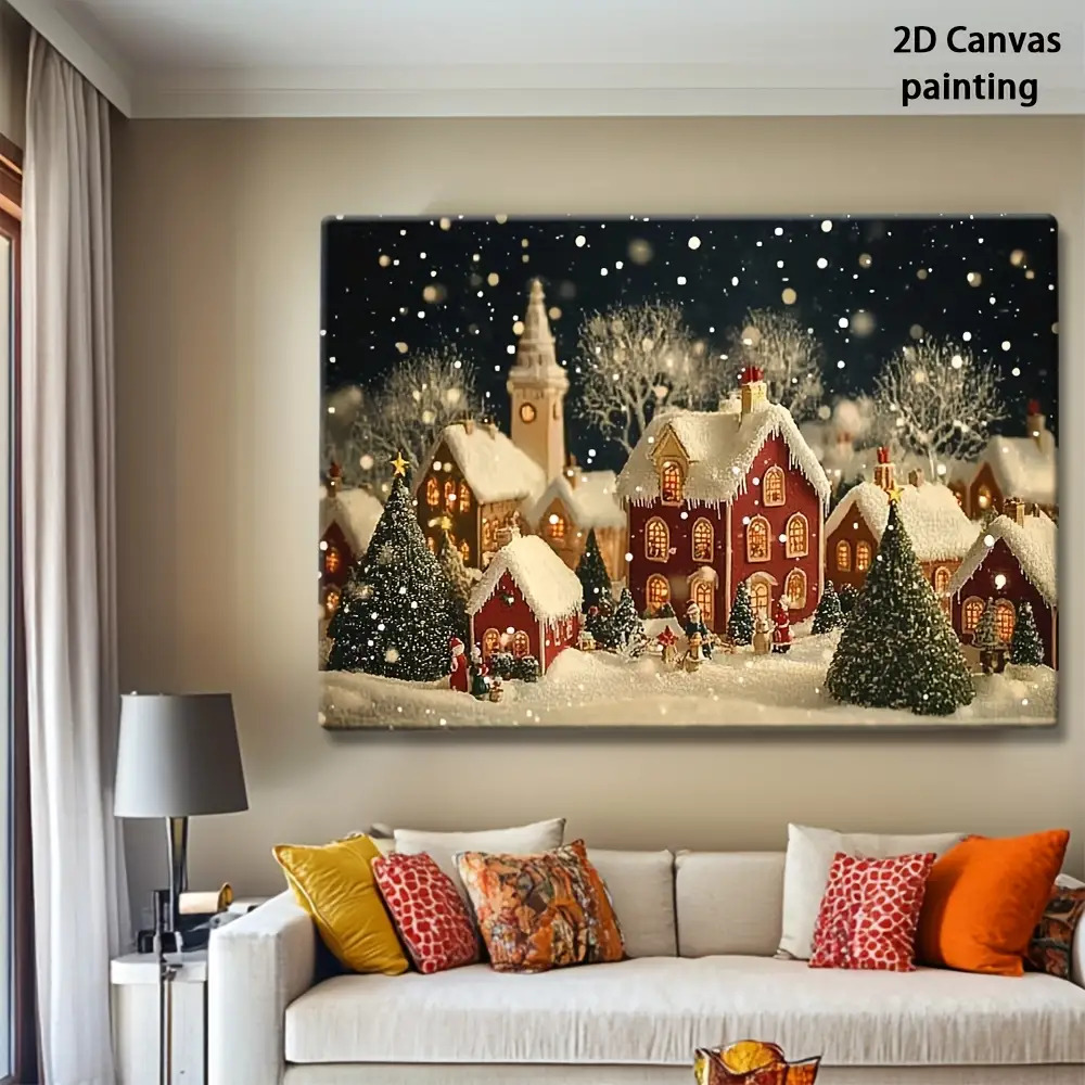 Canvas Wrap Ready - 1枚入り 2D レトロ クリスマスイブと小さな町のキャンバス絵画、額装済みアート、ウォールアートプリントポスター、すぐに掛けられる装飾