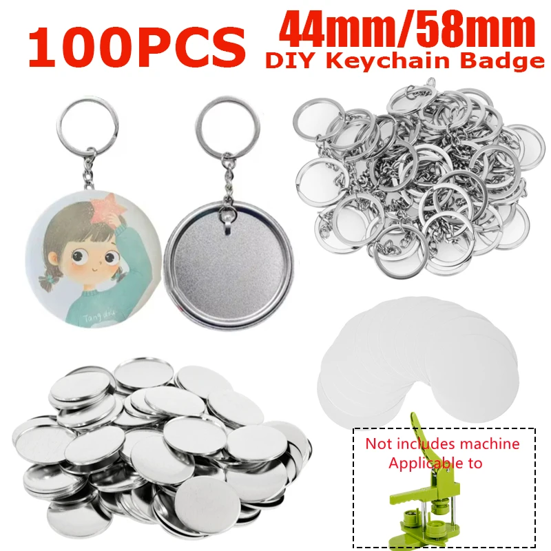 Button Badge Blank - 空のプラスチックと金属のボタン製造用品、DIYキーホルダー用ボタンパーツ、キーリングアクセサリー、44mm、58mm、100個