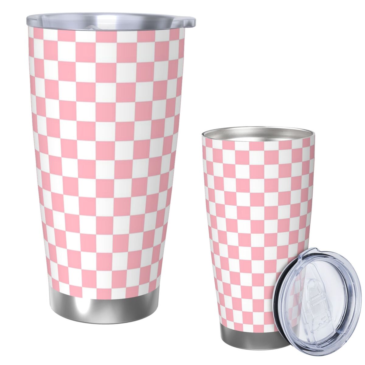 Tumbler 20Oz White - ピンクホワイトチェッカーボード柄ステンレス鋼タンブラー真空断熱マグサーマルコールドカップストロー付き蓋20オンス