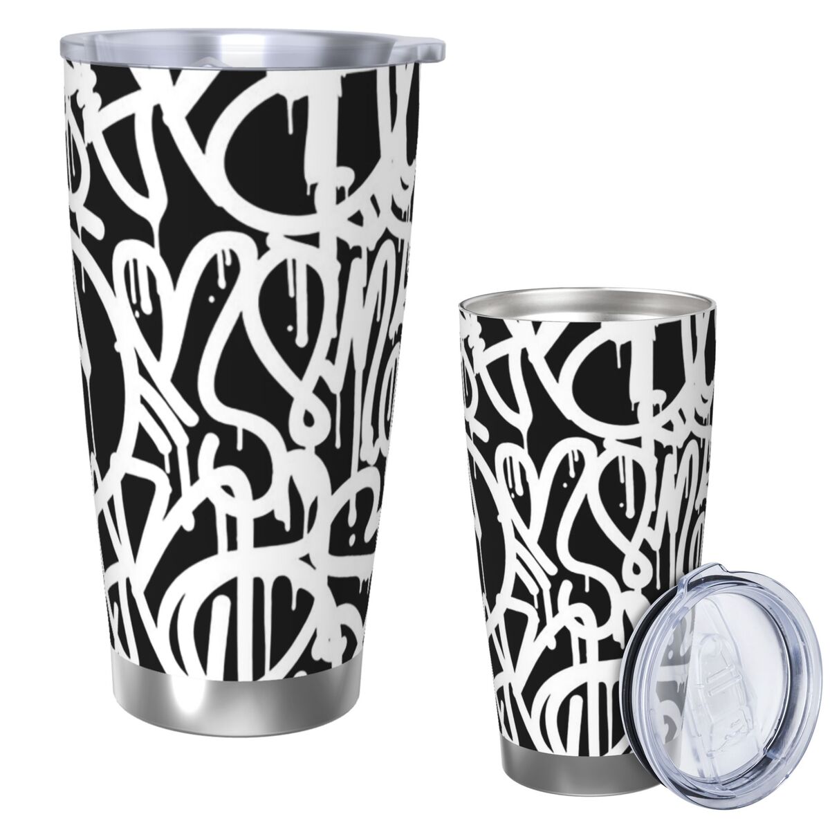 Tumbler 20Oz White - 黒と白の落書きステンレス鋼タンブラー真空断熱マグカップ保温保冷ボトルストロー付き蓋20オンス