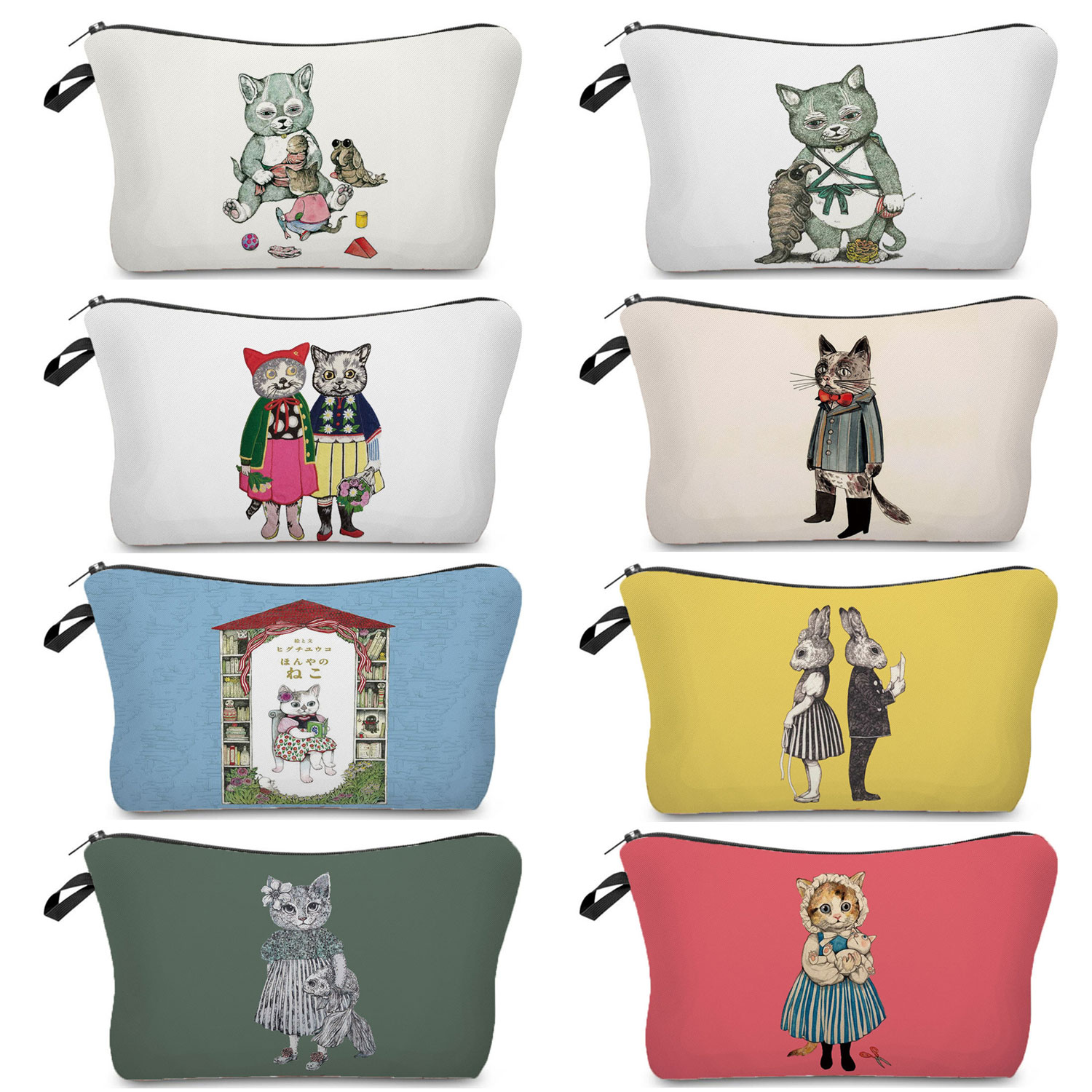 Pillow Cover Sublimation - 女性化粧バッグファッションイラスト猫ガールプリント熱伝達多機能鉛筆ケースかわいい和風化粧品バッグ