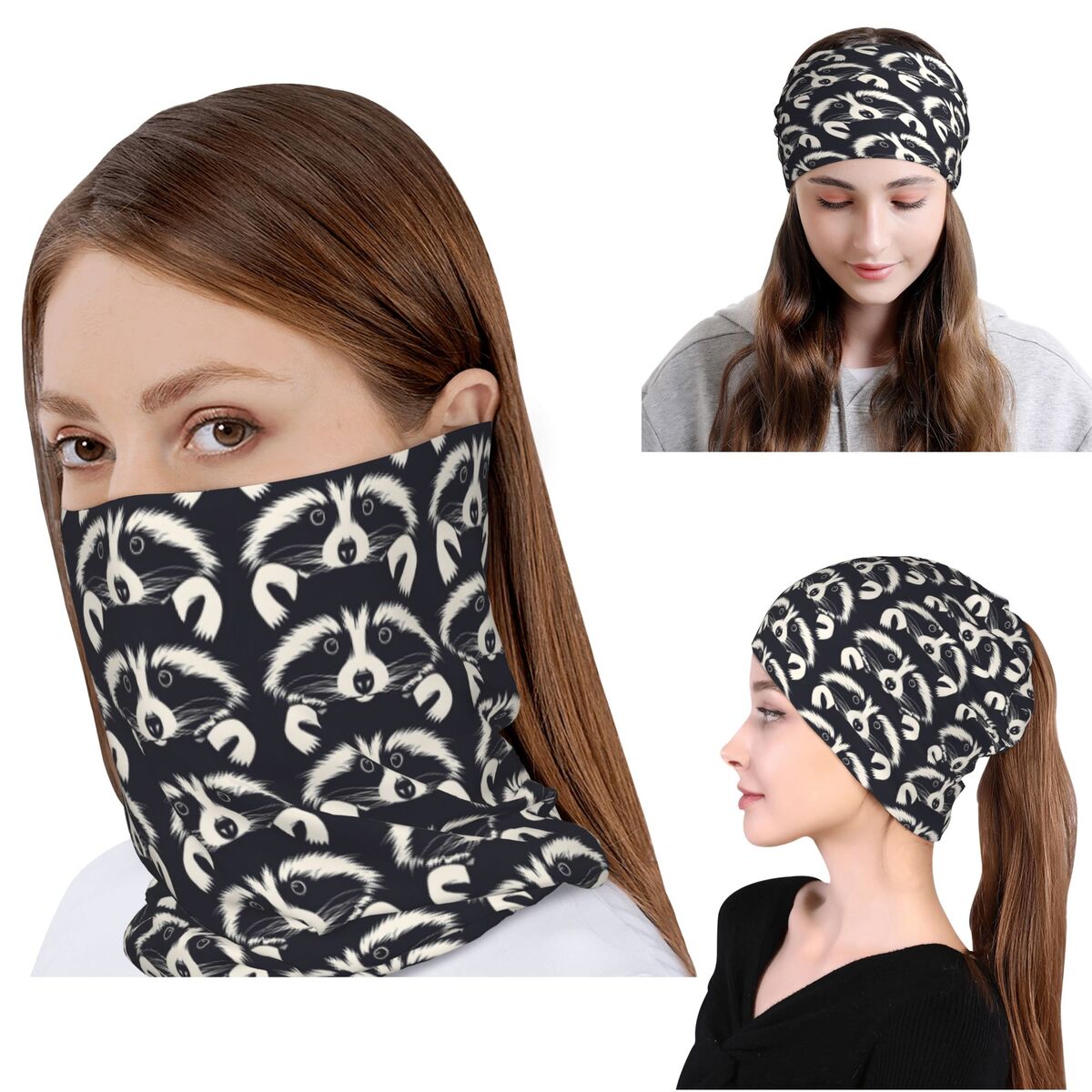 Bandana Blank White - 黒と白のアライグマの顔柄バンダナネックゲイターマジックスカーフ暖かいサイクリングスカーフビーニー帽子ユニセックス大人用洗濯可能
