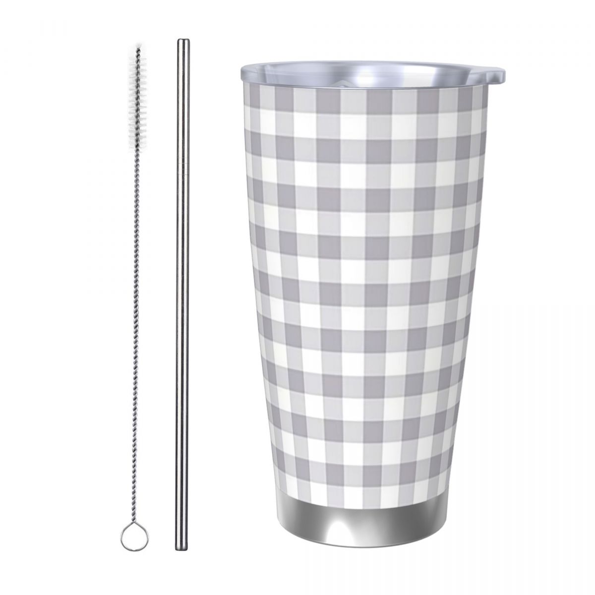 Tumbler 20Oz White - グレーと白のギンガムチェック柄ステンレス鋼タンブラー真空断熱マグカップ保温保冷ストロー付き蓋付き20オンス