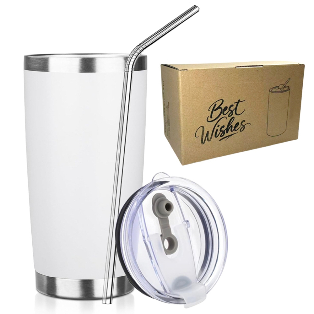 Tumbler 20Oz White - 20オンス タンブラーマグ 蓋とストロー付き ステンレス製 二重壁 コーヒータンブラー