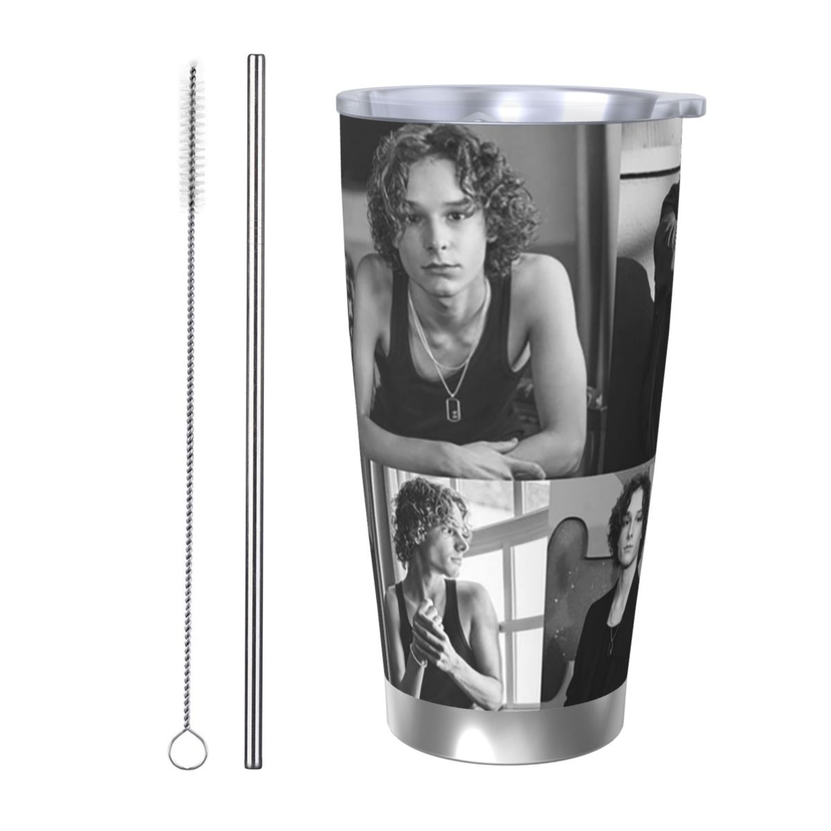 Tumbler 20Oz White - 黒と白のメイソン・セイブル・コラージュ ステンレス鋼タンブラー 真空断熱マグ 保温保冷ボトル ストロー付き 蓋付き