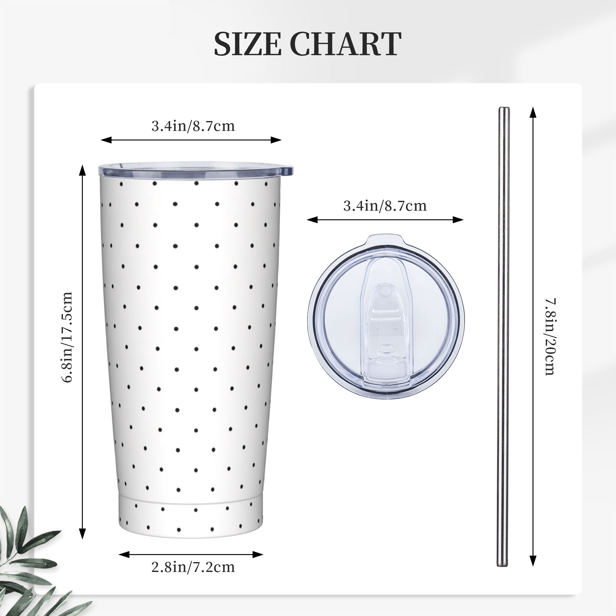 黒と白の水玉模様のステンレス鋼製タンブラー、ストロー付き、ビ - Tumbler 20Oz White のレビューと価格