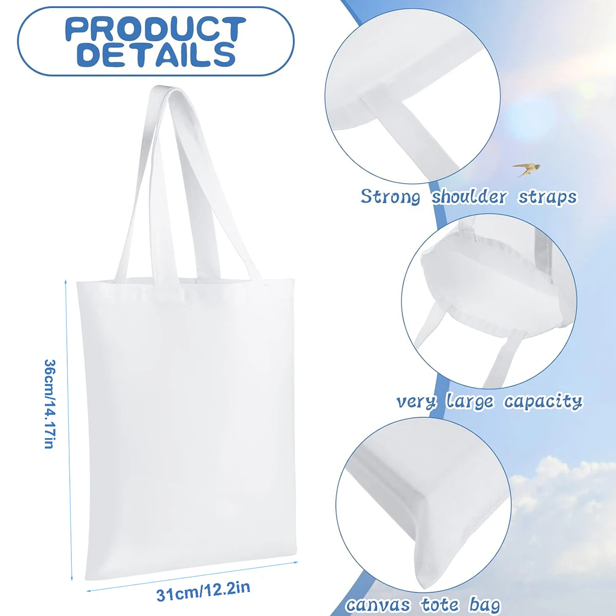 ホワイトキャンバストートバッグ6個、昇華印刷やDIYクラフト - Tote Bag Sublimation のレビューと価格